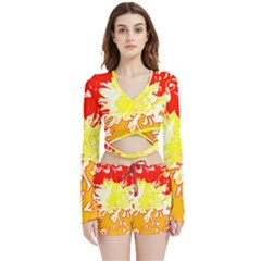 Red And Yellow Floral Velvet Wrap Crop Top And Shorts Set by 3cl3ctix