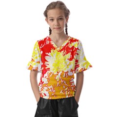 Red And Yellow Floral Kids  V-neck Horn Sleeve Blouse