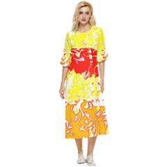 Red And Yellow Floral Double Cuff Midi Dress