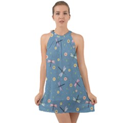 Cute Dragonflies In Spring Halter Tie Back Chiffon Dress by SychEva