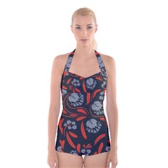 Folk Flowers Print Floral Pattern Ethnic Art Boyleg Halter Swimsuit  by Eskimos