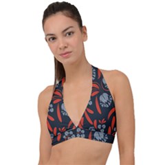 Folk Flowers Print Floral Pattern Ethnic Art Halter Plunge Bikini Top by Eskimos