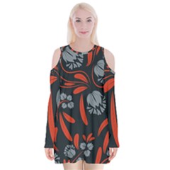 Folk Flowers Print Floral Pattern Ethnic Art Velvet Long Sleeve Shoulder Cutout Dress by Eskimos