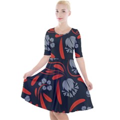 Folk Flowers Print Floral Pattern Ethnic Art Quarter Sleeve A-line Dress by Eskimos