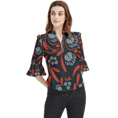 Folk Flowers Print Floral Pattern Ethnic Art Loose Horn Sleeve Chiffon Blouse