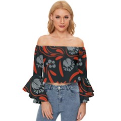 Folk Flowers Print Floral Pattern Ethnic Art Off Shoulder Flutter Bell Sleeve Top