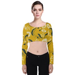 Folk Flowers Print Floral Pattern Ethnic Art Velvet Long Sleeve Crop Top by Eskimos