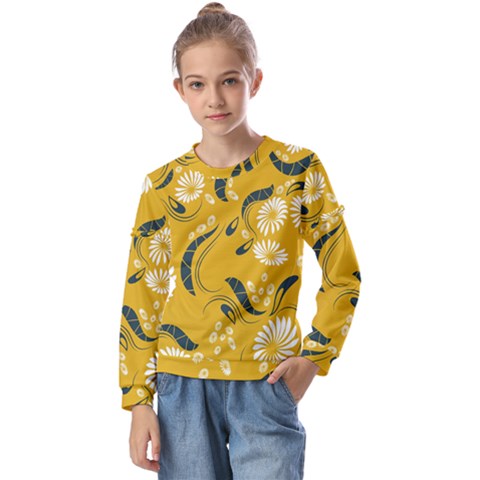 Folk Flowers Print Floral Pattern Ethnic Art Kids  Long Sleeve Tee With Frill  by Eskimos