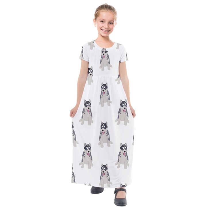 Cute Husky Puppies Kids  Short Sleeve Maxi Dress