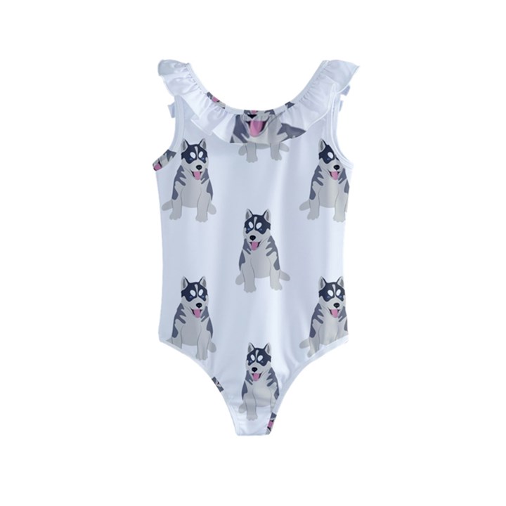 Cute Husky Puppies Kids  Frill Swimsuit