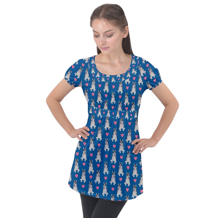 Little Husky With Hearts Puff Sleeve Tunic Top