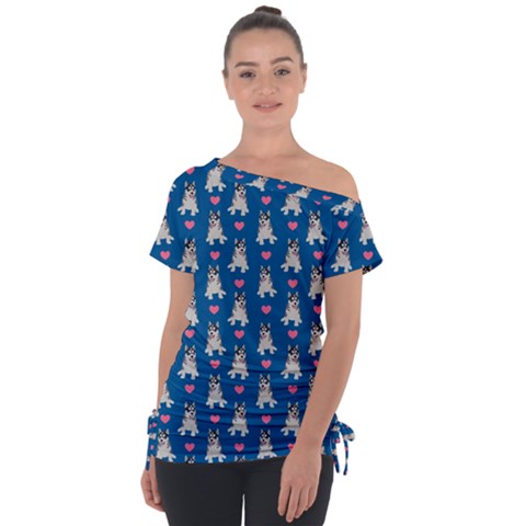 Little Husky With Hearts Off Shoulder Tie-up Tee by SychEva