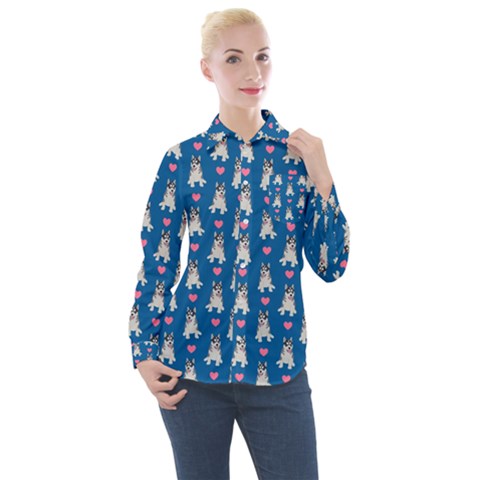 Little Husky With Hearts Women s Long Sleeve Pocket Shirt by SychEva