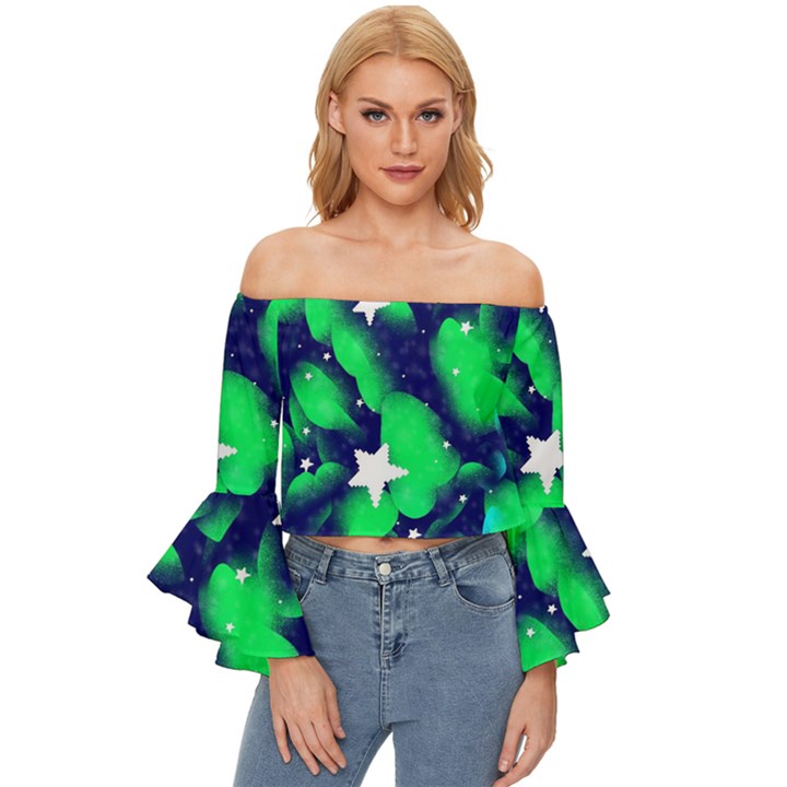 Space Odyssey  Off Shoulder Flutter Bell Sleeve Top