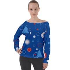 Christmas Pattern Tree Design Off Shoulder Long Sleeve Velour Top by Sapixe