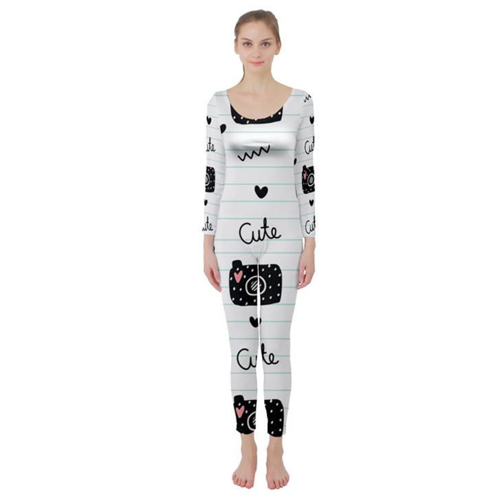 Cute Cameras Doodles Hand Drawn Long Sleeve Catsuit