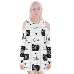 Cute Cameras Doodles Hand Drawn Velvet Long Sleeve Shoulder Cutout Dress