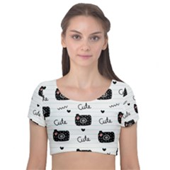 Cute Cameras Doodles Hand Drawn Velvet Short Sleeve Crop Top  by Sapixe