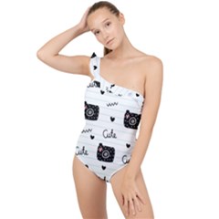 Cute Cameras Doodles Hand Drawn Frilly One Shoulder Swimsuit by Sapixe