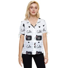 Cute Cameras Doodles Hand Drawn Bow Sleeve Button Up Top