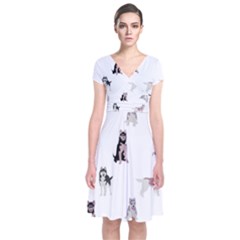 Husky Dogs With Sparkles Short Sleeve Front Wrap Dress by SychEva