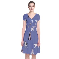 Husky Dogs With Sparkles Short Sleeve Front Wrap Dress by SychEva