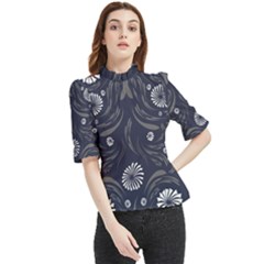 Folk Flowers Print Floral Pattern Ethnic Art Frill Neck Blouse