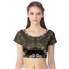 Folk Flowers Print Floral Pattern Ethnic Art Short Sleeve Crop Top by Eskimos