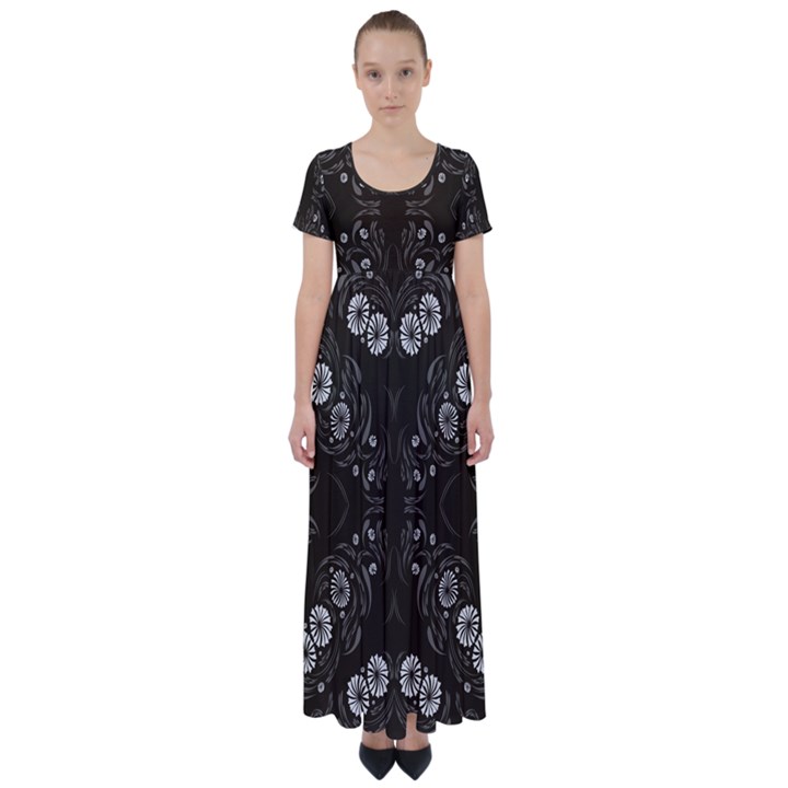 Folk flowers print Floral pattern Ethnic art High Waist Short Sleeve Maxi Dress