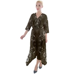 Folk Flowers Print Floral Pattern Ethnic Art Quarter Sleeve Wrap Front Maxi Dress by Eskimos