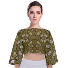 Folk Flowers Print Floral Pattern Ethnic Art Tie Back Butterfly Sleeve Chiffon Top by Eskimos