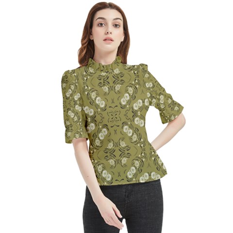 Folk Flowers Print Floral Pattern Ethnic Art Frill Neck Blouse by Eskimos