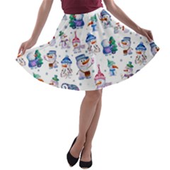 Cute Snowmen Celebrate New Year A-line Skater Skirt by SychEva