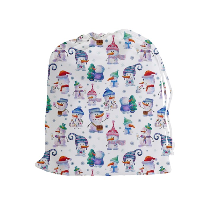 Cute Snowmen Celebrate New Year Drawstring Pouch (XL)