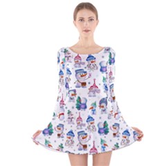 Cute Snowmen Celebrate New Year Long Sleeve Velvet Skater Dress by SychEva