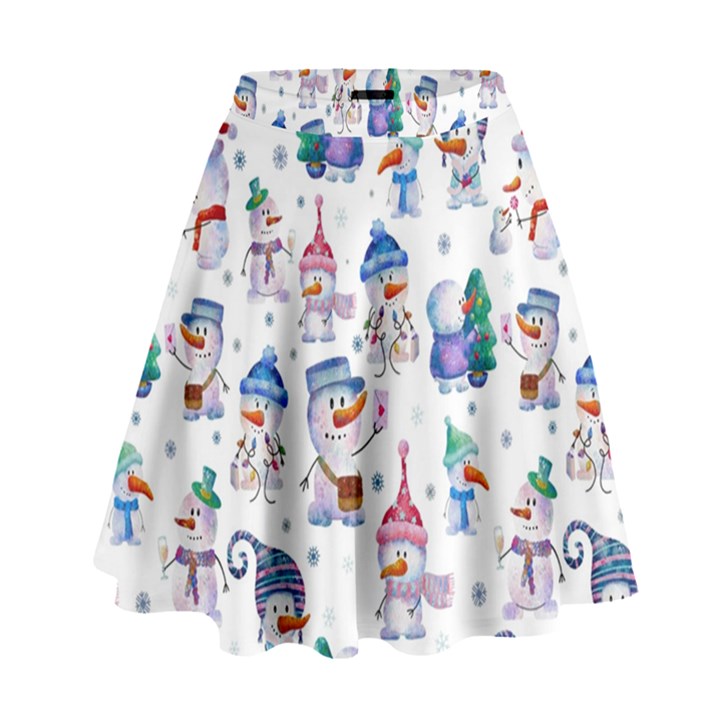 Cute Snowmen Celebrate New Year High Waist Skirt