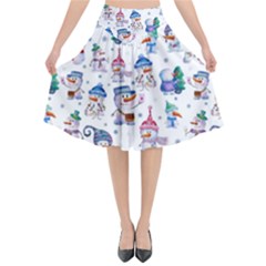 Cute Snowmen Celebrate New Year Flared Midi Skirt by SychEva