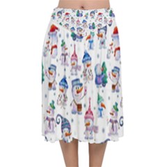 Cute Snowmen Celebrate New Year Velvet Flared Midi Skirt