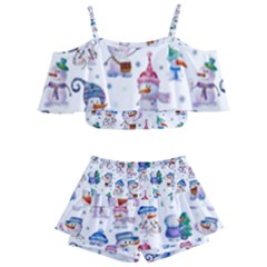 Cute Snowmen Celebrate New Year Kids  Off Shoulder Skirt Bikini by SychEva