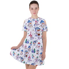 Cute Snowmen Celebrate New Year Short Sleeve Shoulder Cut Out Dress  by SychEva