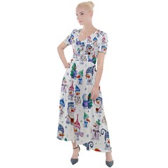 Cute Snowmen Celebrate New Year Button Up Short Sleeve Maxi Dress by SychEva