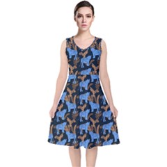 Blue Tigers V-neck Midi Sleeveless Dress  by SychEva