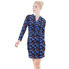 Blue Tigers Button Long Sleeve Dress by SychEva