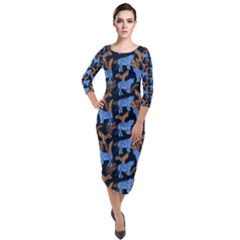 Blue Tigers Quarter Sleeve Midi Velour Bodycon Dress by SychEva