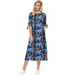 Blue Tigers Bow Sleeve Chiffon Midi Dress by SychEva