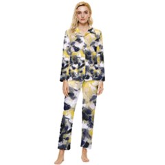 Black, Gray And Yellow Swirls Womens  Long Sleeve Velvet Pocket Pajamas Set