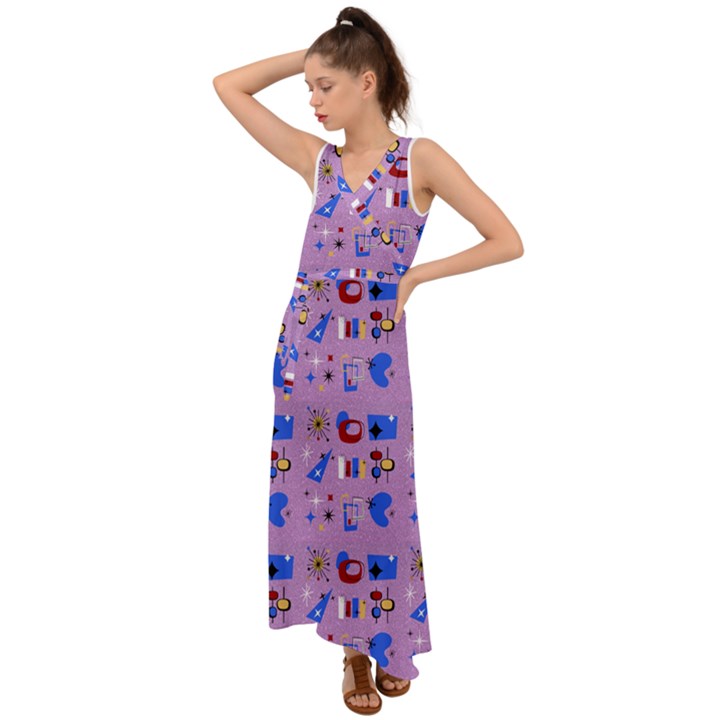 Pink 50s Pattern V-Neck Chiffon Maxi Dress