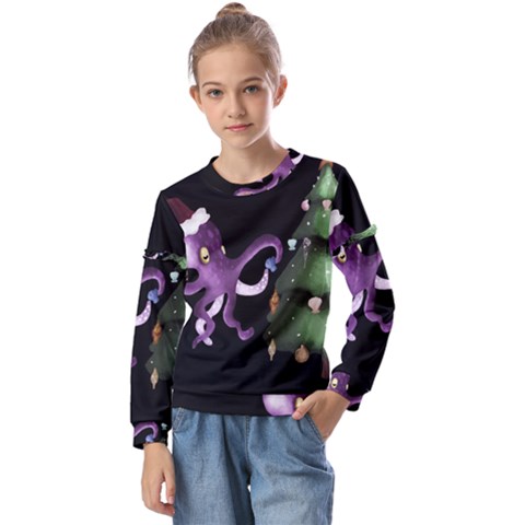 Octopus Black Kids  Long Sleeve Tee With Frill  by Blueketchupshop