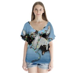 Christmas Cat V-neck Flutter Sleeve Top by Blueketchupshop