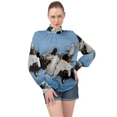 Christmas Cat High Neck Long Sleeve Chiffon Top